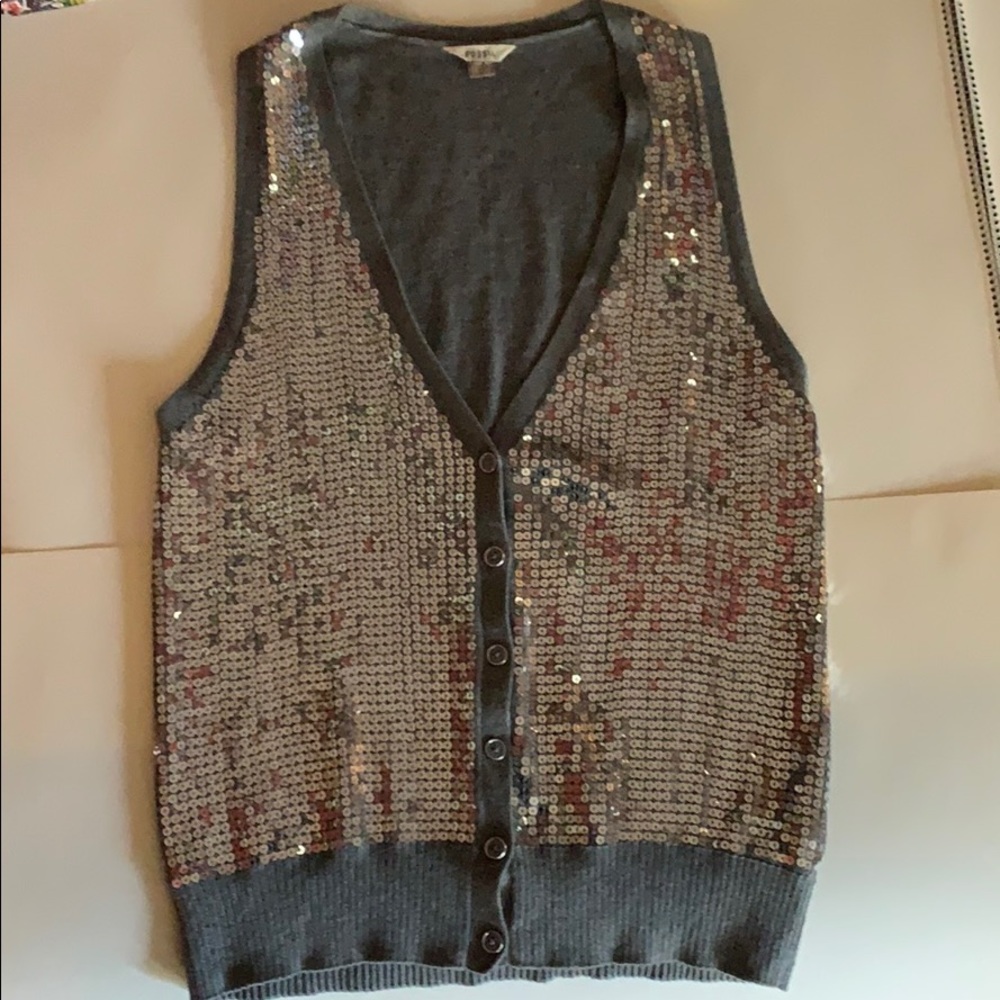 Luxury BLING Fossil cashmere blend sequin vest EUC